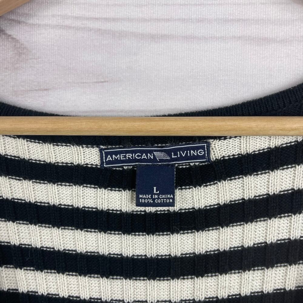 American Living City Brights Black White Stripe Cotton Ribbed Knit V Neck Size L - Picture 3 of 8